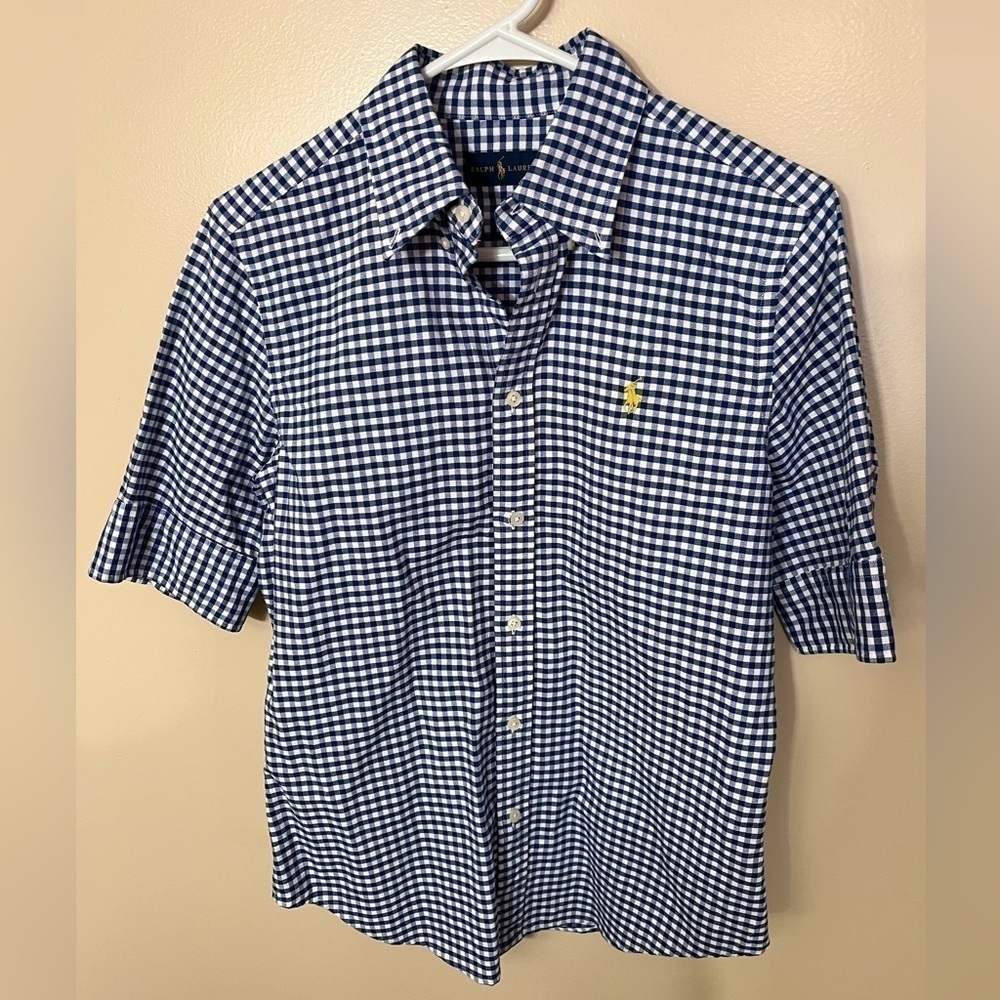 Ralph Lauren Blue/White Checkered Short Sleeve Button Shirt Sz M